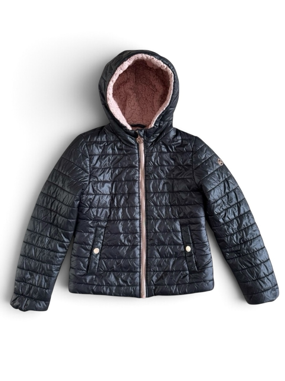 Michael Kors Kids Sherpa Lined Puffer Jacket Black Blush Hooded Coat Girls 10-12
